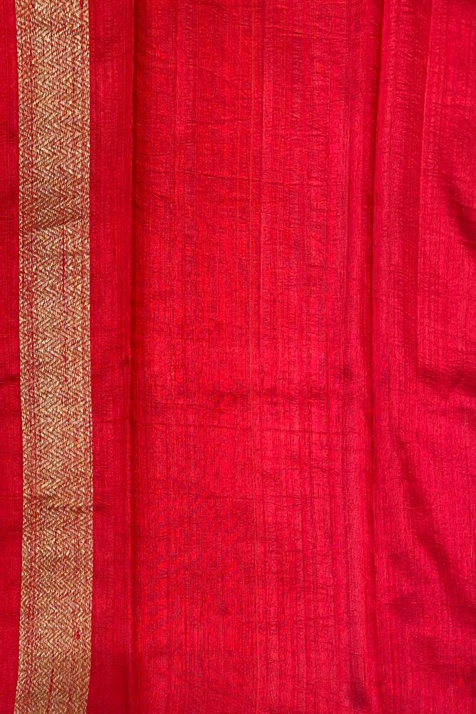 Deep Green Pure Raw Tussar Banarasi Silk Saree, Hand Woven Motifs With Unstiched Blouse