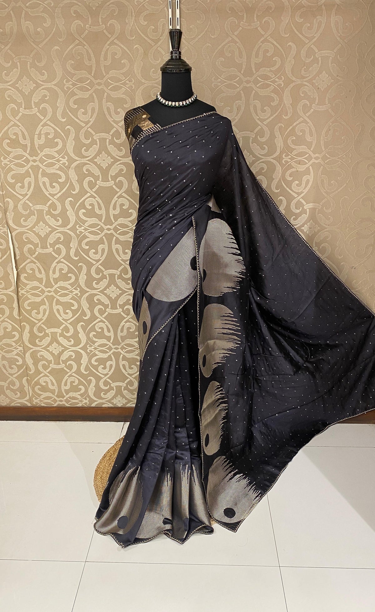 Black Munga Banarasi Silk Mirror Work Saree, With Unstiched Blouse