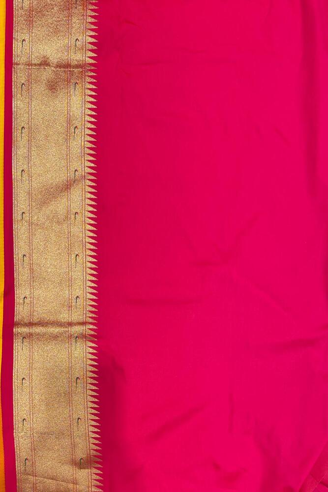 Mustard yellow and purple Paithani silk saree from Saarang Sarees with matching unstiched blouse, traditional Indian wear.
