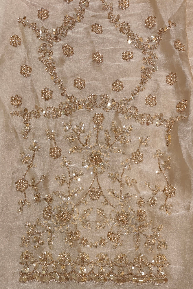Golden Beige Soft Tissue Organza Silk Embroidery Saree, With Unstiched Blouse