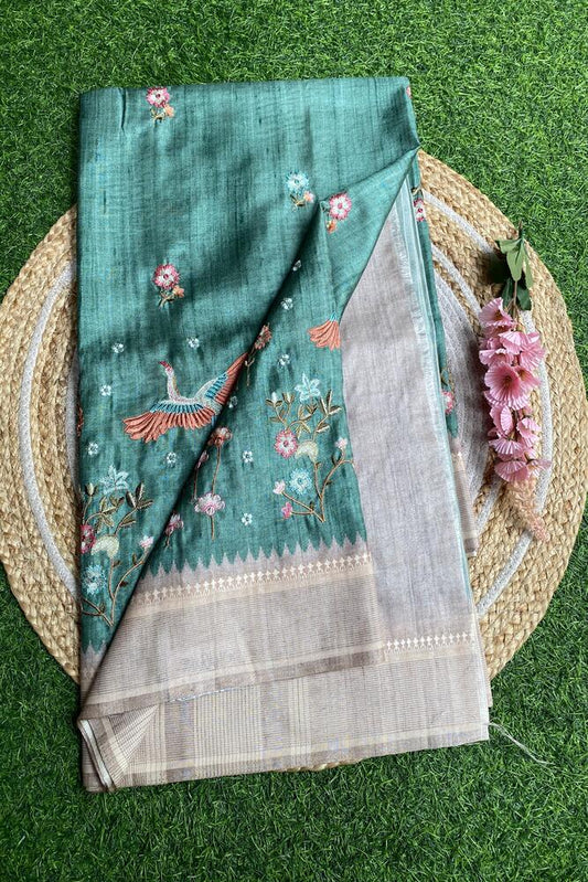 Sea Green Tussar Cotton Resham Work Saree, With Unstiched Blouse