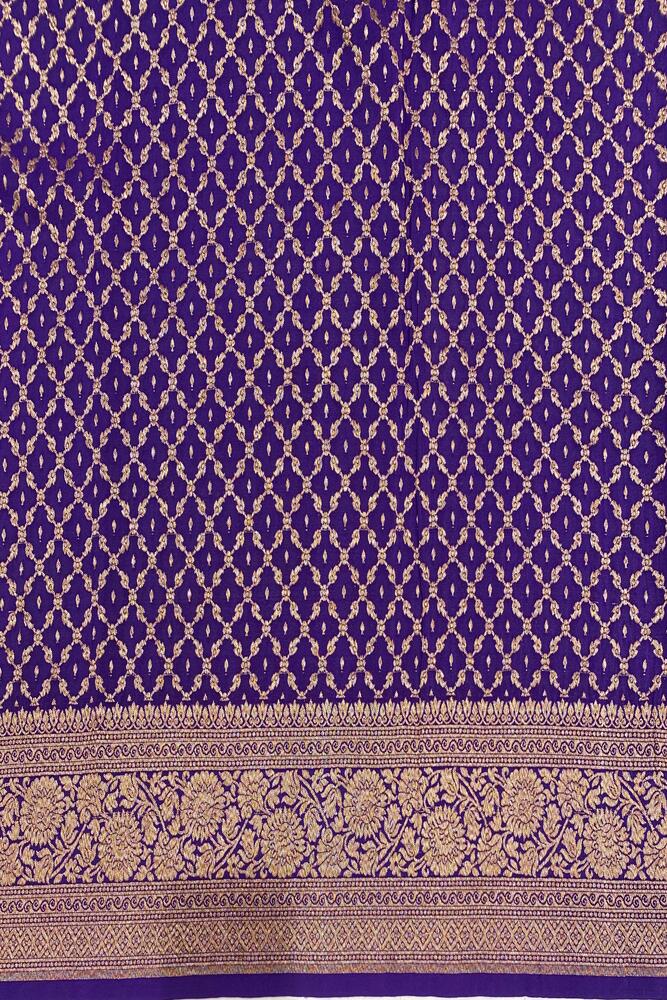 Purple Mysore Crepe Silk Banarasi Saree with intricate gold zari work and matching unstiched blouse, traditional Indian wear by Saarang Sarees.