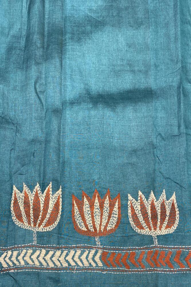 Royal Blue Tussar Embroidery Saree With Kantha Work Border, With Unstitched Blouse