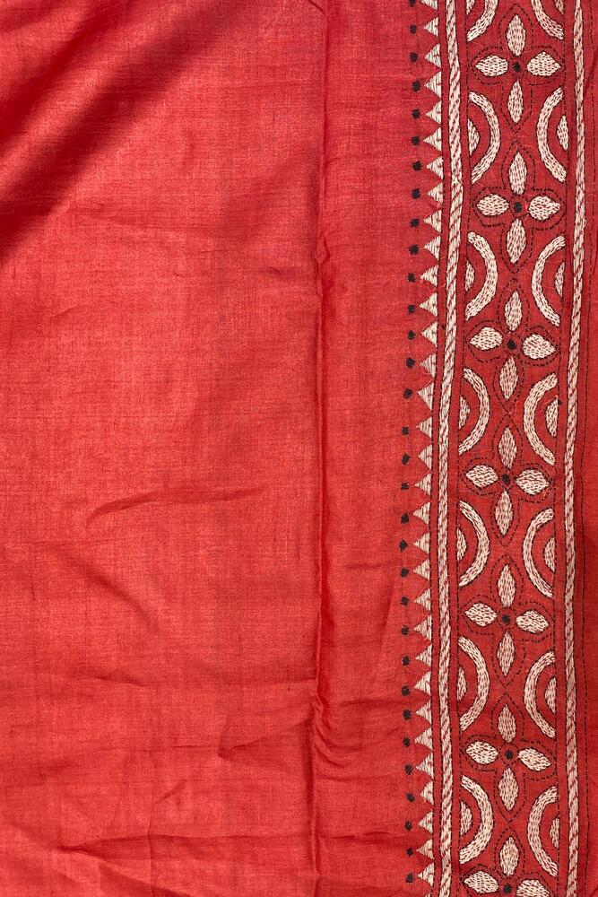 Black Red Tussar Embroidery Saree With Kantha Work Border, With Unstitched Blouse
