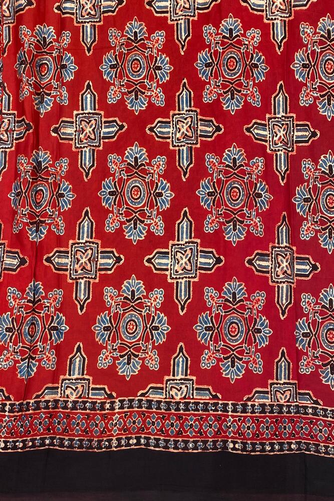Maroon Pure Modal Silk Ajrakh Printed Saree With Unstiched Blouse