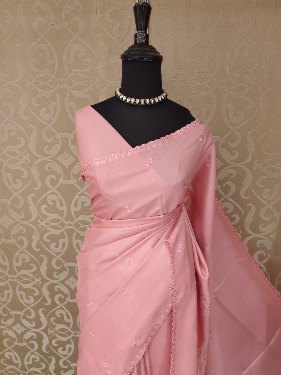 Pink Tussar Applique Work Saree, With Unstiched Blouse