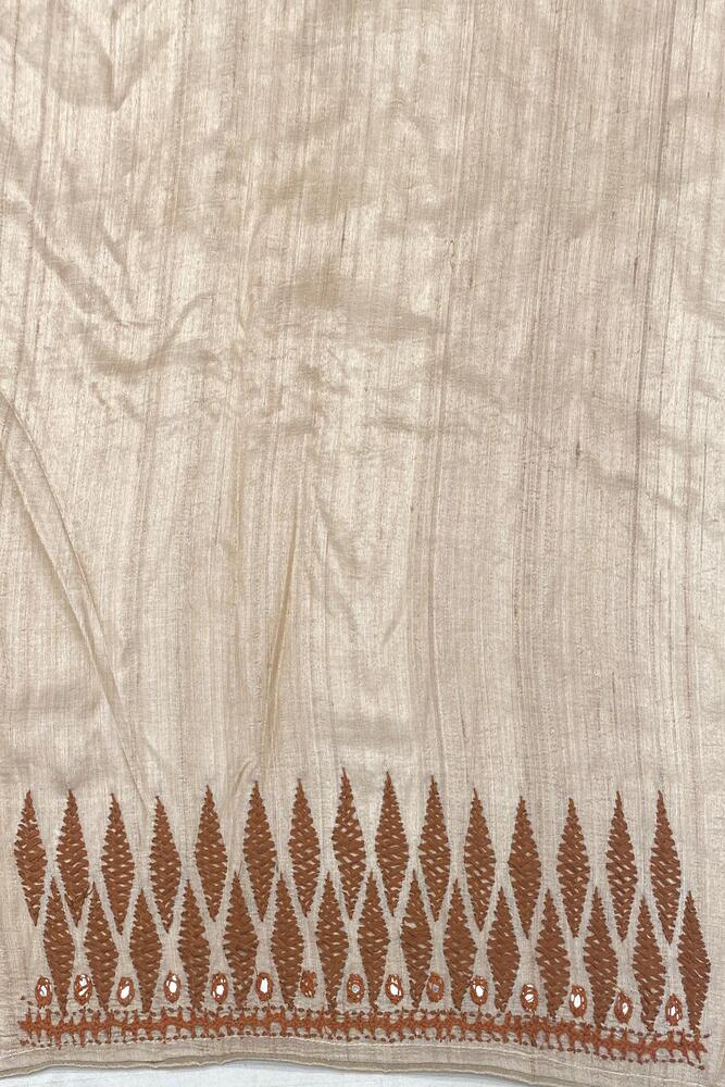 Off-White Tussar Embroidery Saree With Kathiawari Work Border, With Unstitched Blouse