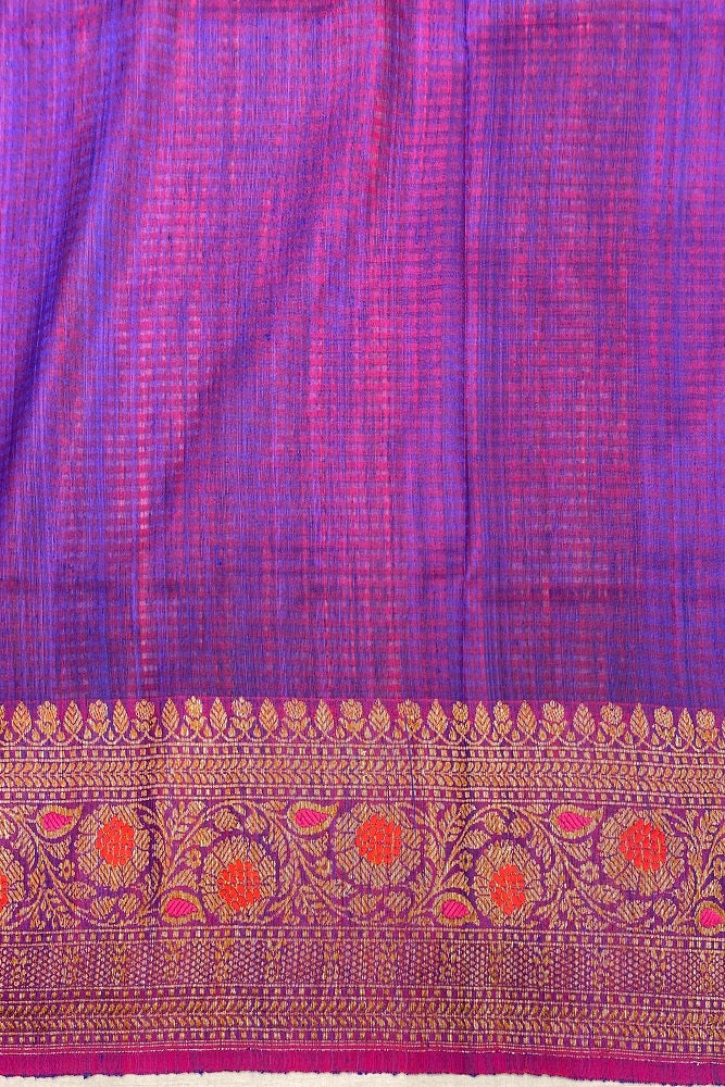 Deep Blue Dupion Tussar Silk Saree, With Unstiched Blouse