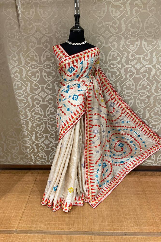Beige Tussar Lambani & Kutch Work Saree With Ustiched Blouse - Saarang Sarees