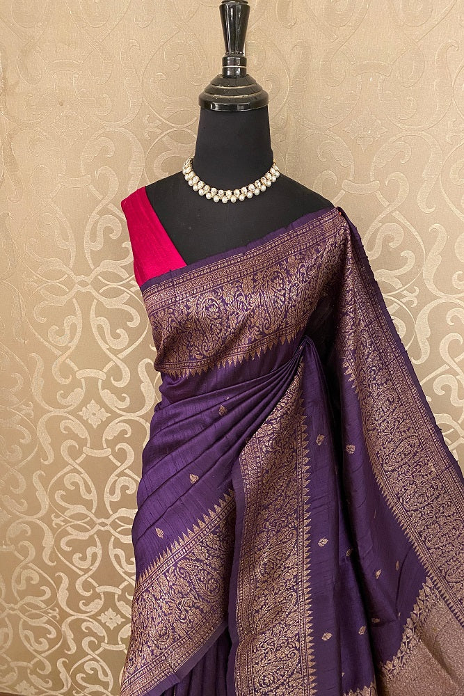 Deep Purple Pure Raw Tussar Banarasi Silk Saree, Hand Woven Motifs With Unstiched Blouse