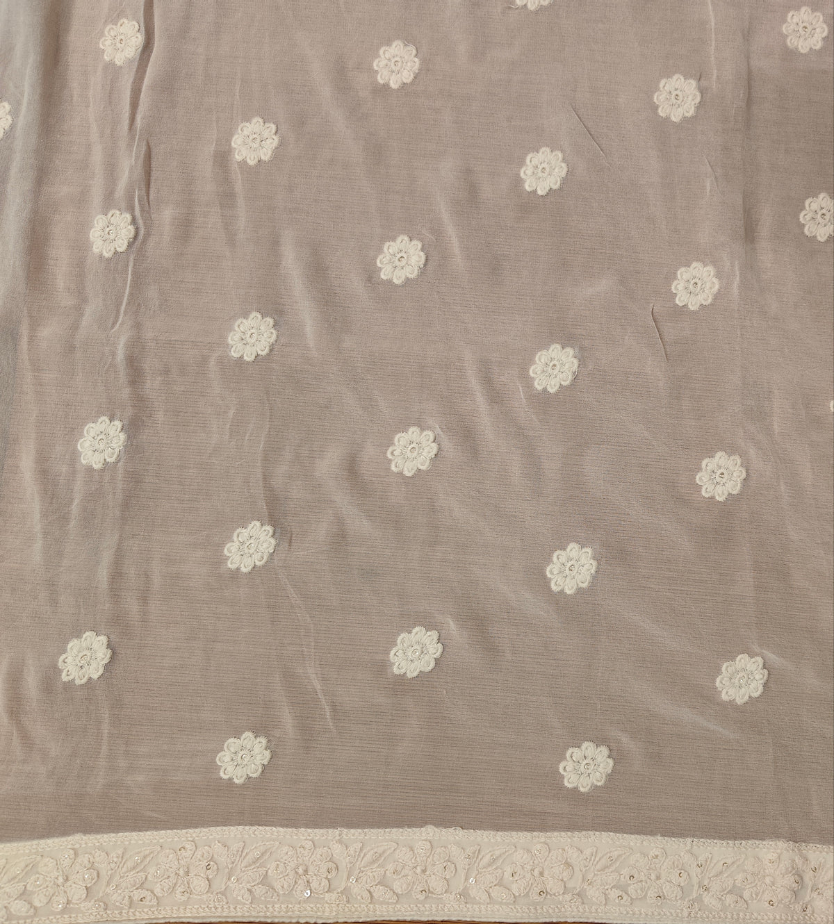 Off-White Georgette Chikankari Embroidery Saree, With Unstitched Blouse