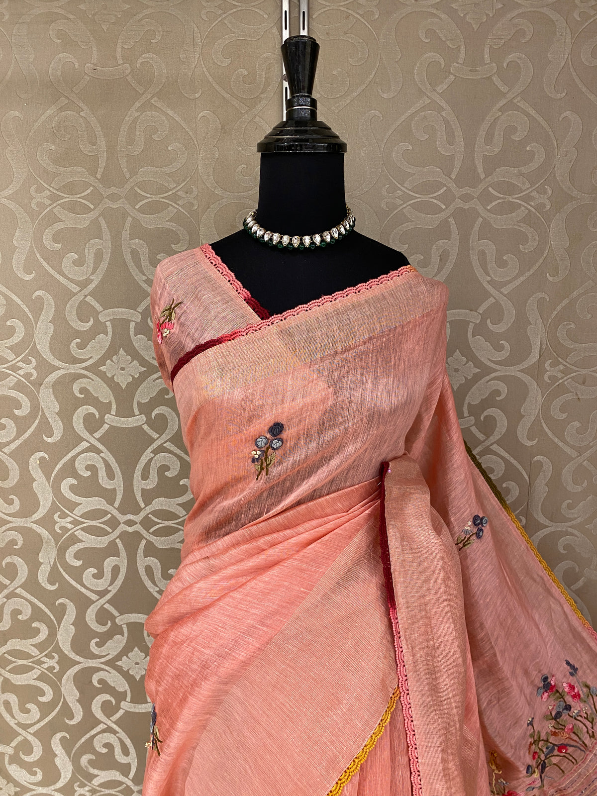 Peach Linen Silk Saree Hand Embroidered Work, With Unstiched Blouse