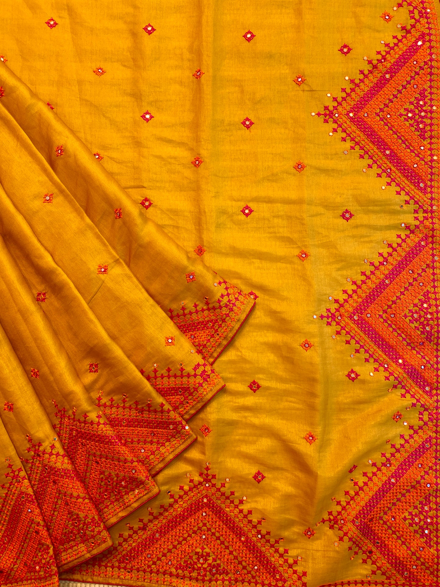 Mustard Yellow Semi Munga Silk Cross Stitch Embroidery Work Saree, With Unstiched Blouse