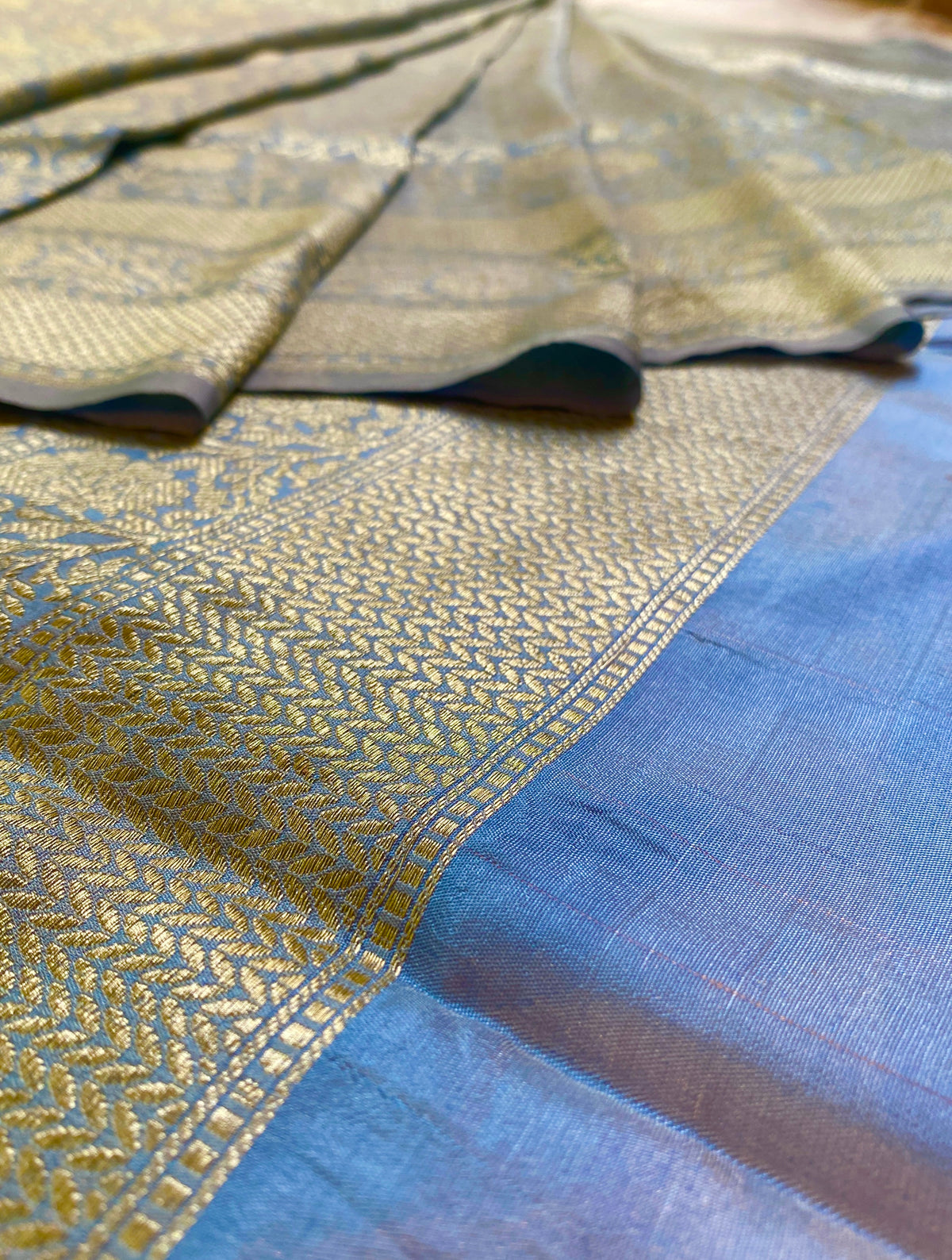 Light Blue Semi Katan Brocade Silk Saree, With Unstiched Blouse
