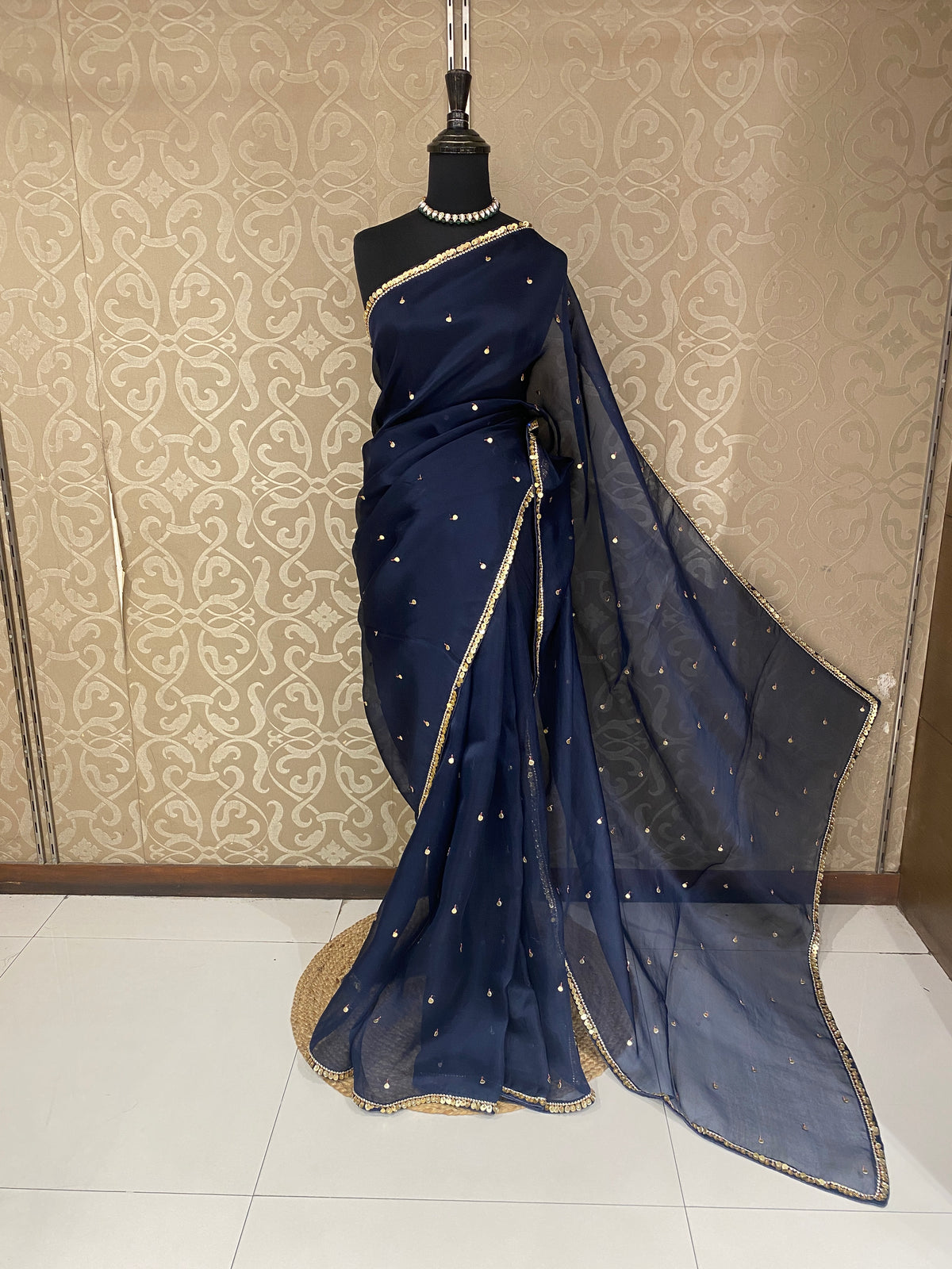Navy Blue Organza Silk Embroidery Saree, With Readymade Blouse