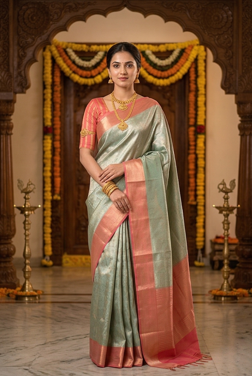 Powder blue brocade Chanderi silk saree with intricate design and matching unstiched blouse, traditional wear by Saarang Sarees