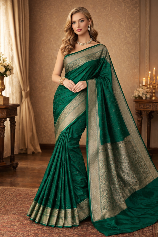 Forest Green Tanchoi Silk Saree Self Weaving With Unstiched Blouse