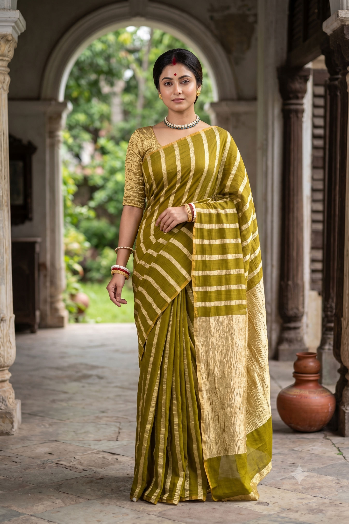 Gold & Lime Green Zari Stripe Munga Borderless Saree, With Unstiched Blouse
