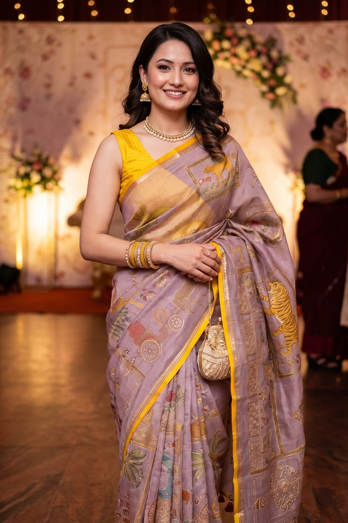 Mauve Tissue Organza Silk With Ari Work Saree, With Unstiched Blouse