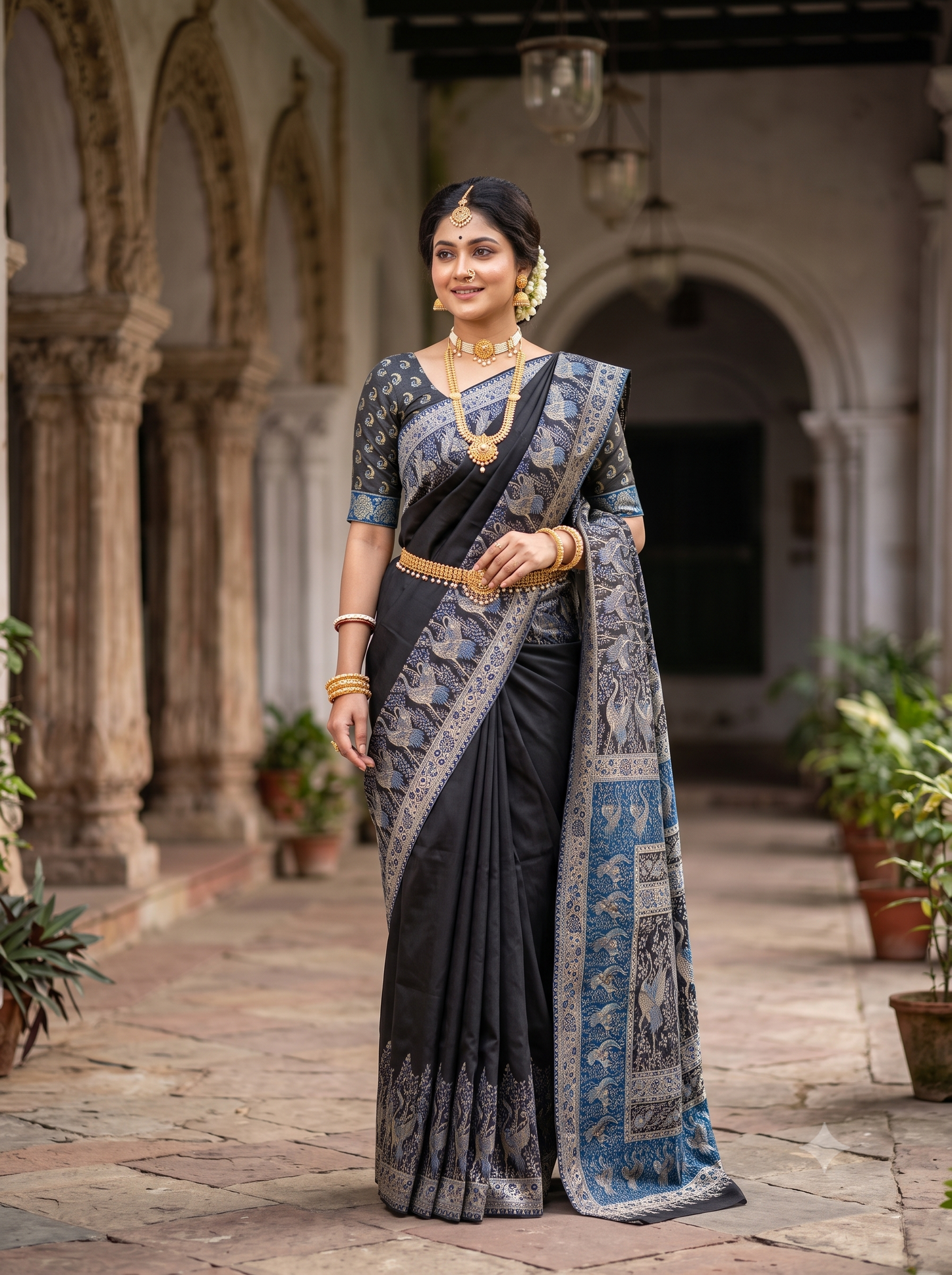 Black Pure Kani Handloom Silk Saree With Unstiched Jamewar Woven Blouse