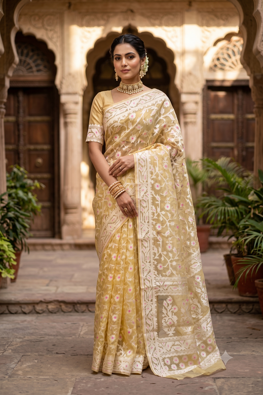 Yellow Muslin Jamdani Saree, With Unstiched Blouse