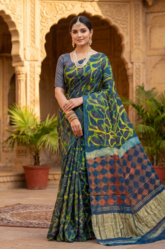 Multi Pure Modal Silk Ajrakh Printed Saree With Unstich Blouse
