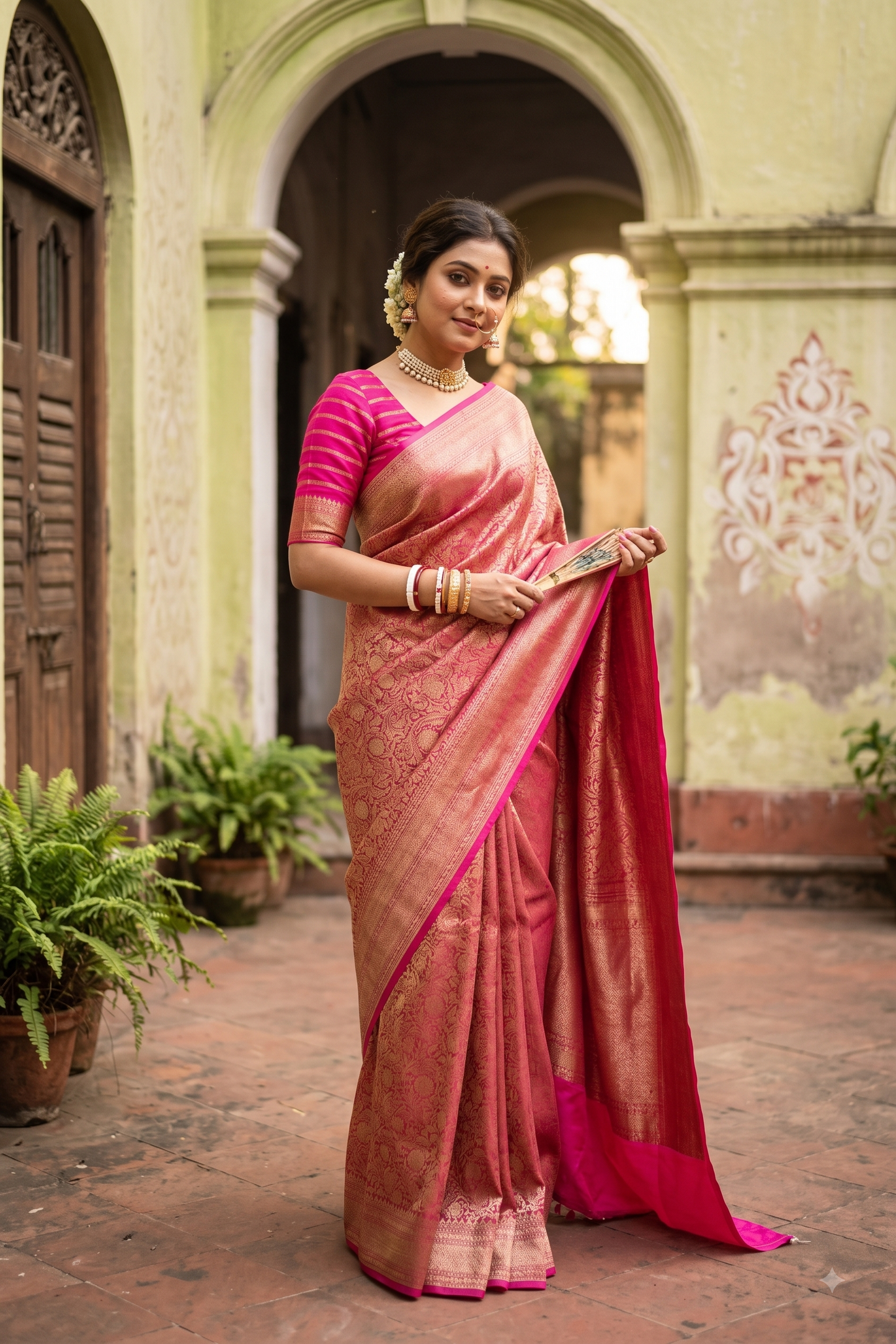 Rani Brocade Kora Banarasi Silk Saree, With Unstiched Blouse