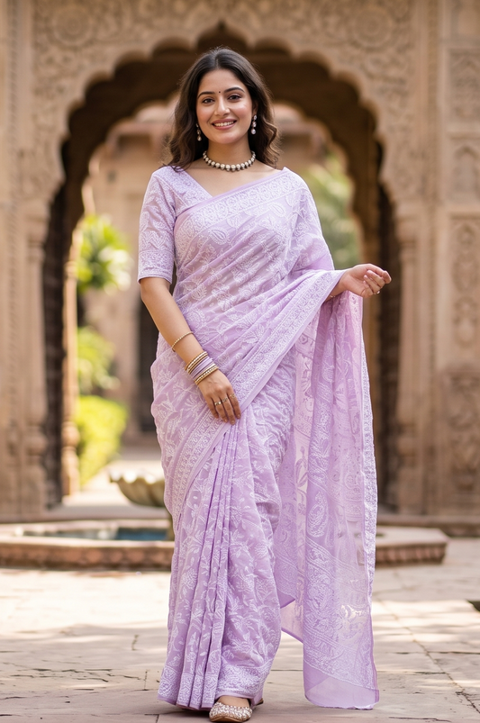 Lavender cotton Chikankari saree with intricate embroidery and unstiched blouse for party wear by Saarang Sarees.