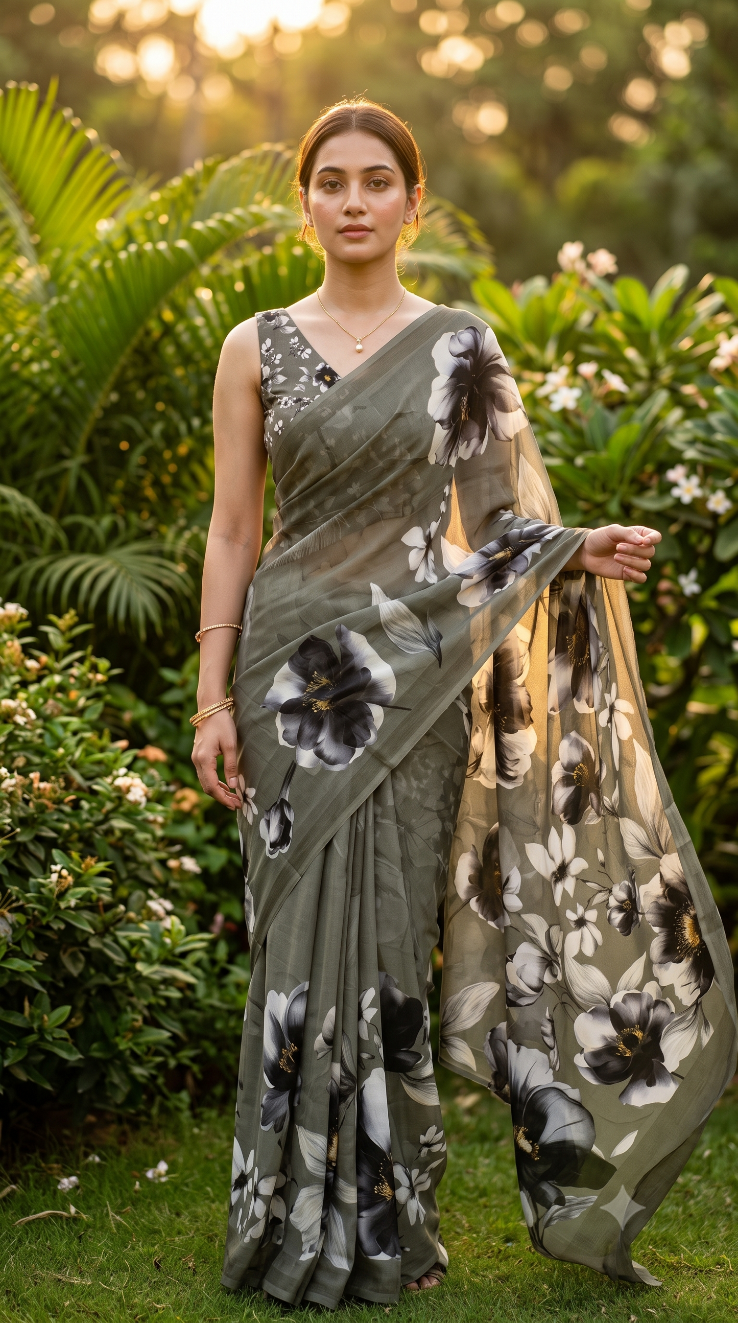 Grey Floral Printed Chiffon Saree, With Unstiched Blouse Piece