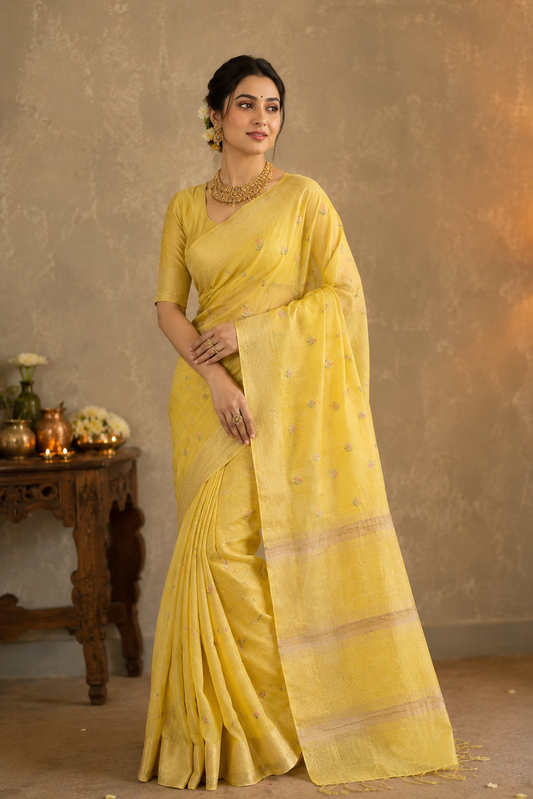 Yellow Pure Linen Kashmiri Work Saree With Unstiched Blouse