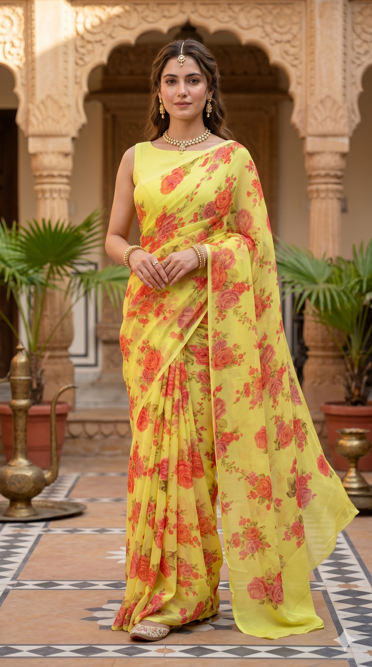 Lime Yellow Red Floral Printed Chiffon Saree, With Unstiched Blouse Piece