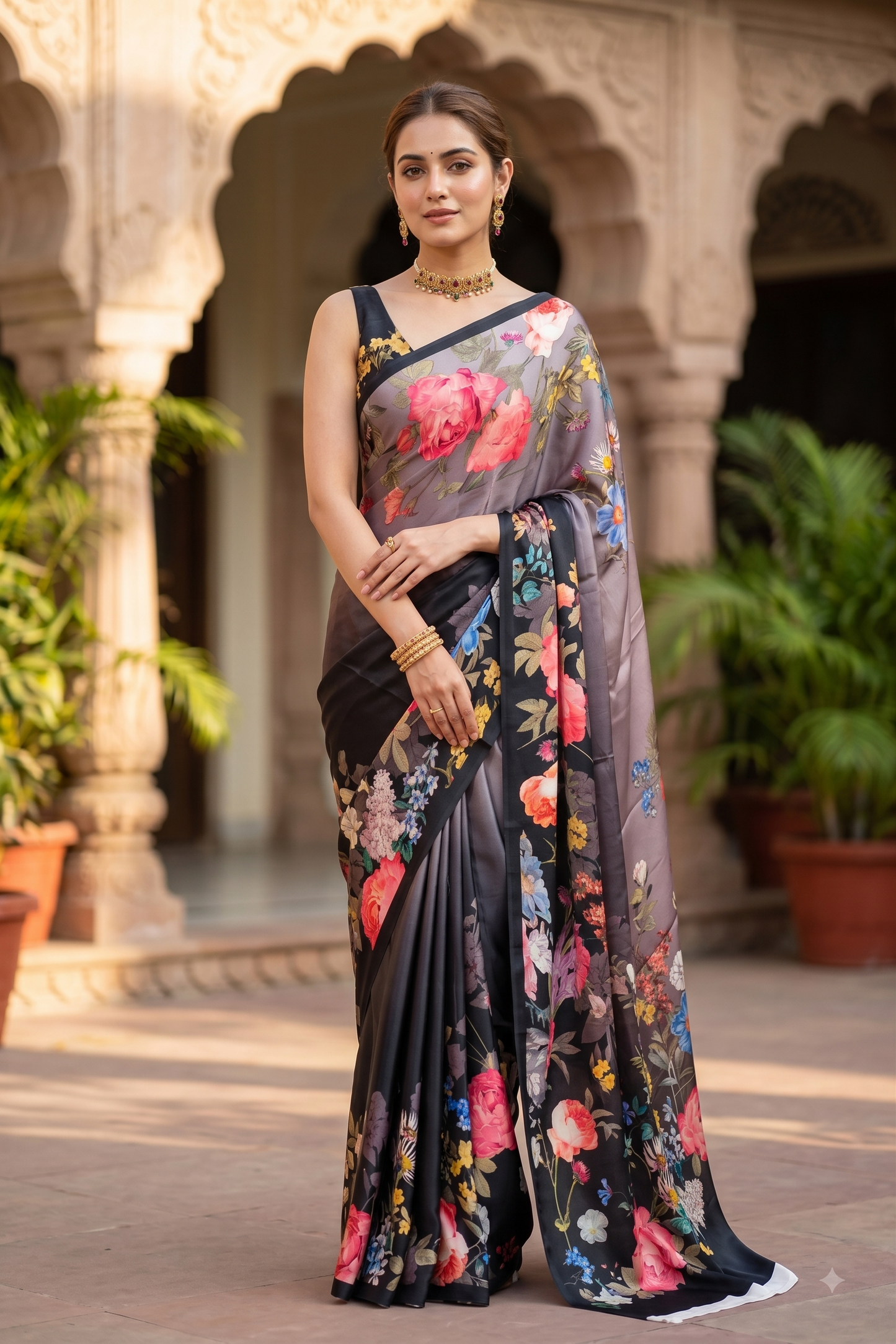 Black & Multi Floral Printed Satin Crepe Saree, With Unstiched Blouse