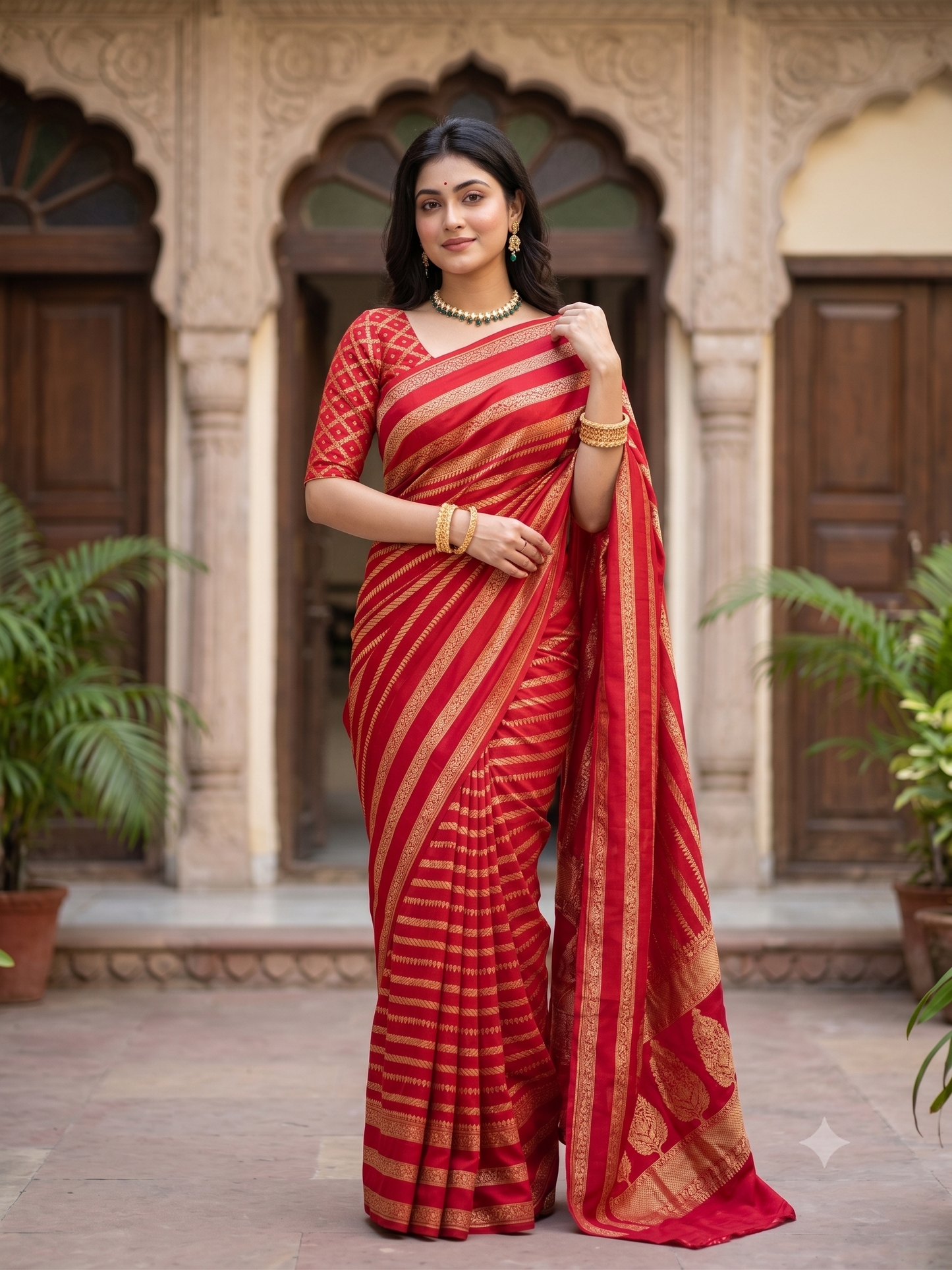 Red Mysore Crepe Silk Banarasi Saree, With Unstiched Blouse