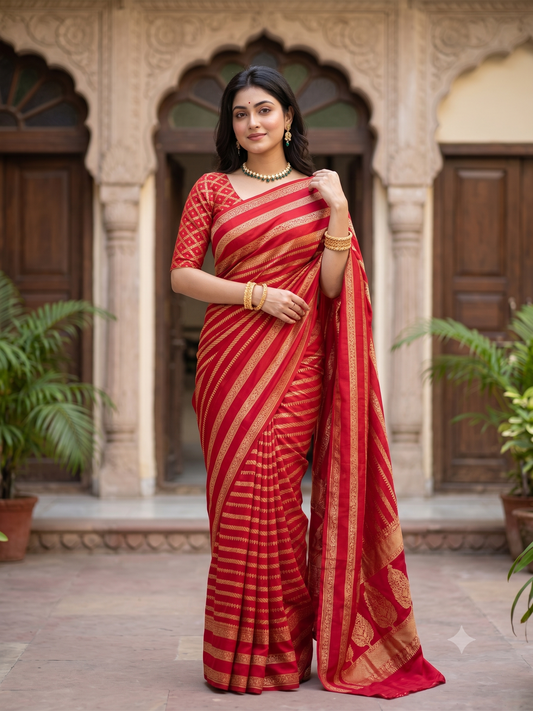 Red Mysore Crepe Silk Banarasi Saree, With Unstiched Blouse