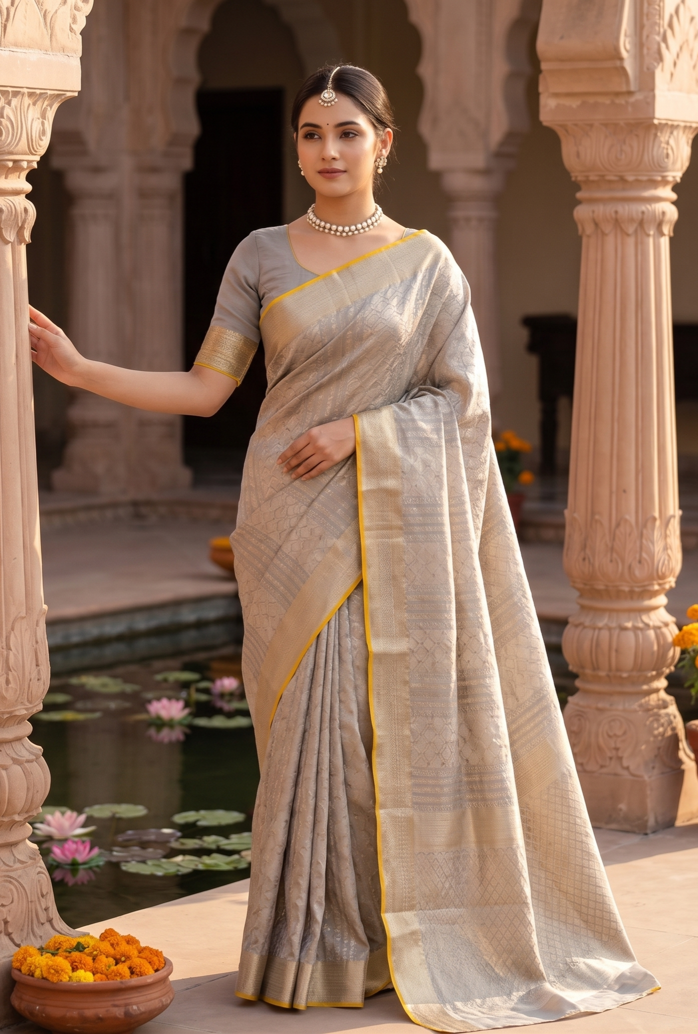 Grey Mysore Crepe Silk Banarasi Saree, With Unstiched Blouse