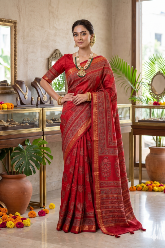 Red Munga silk printed saree with kantha work and unstitch blouse from Saarang Sarees, showcasing intricate traditional embroidery.