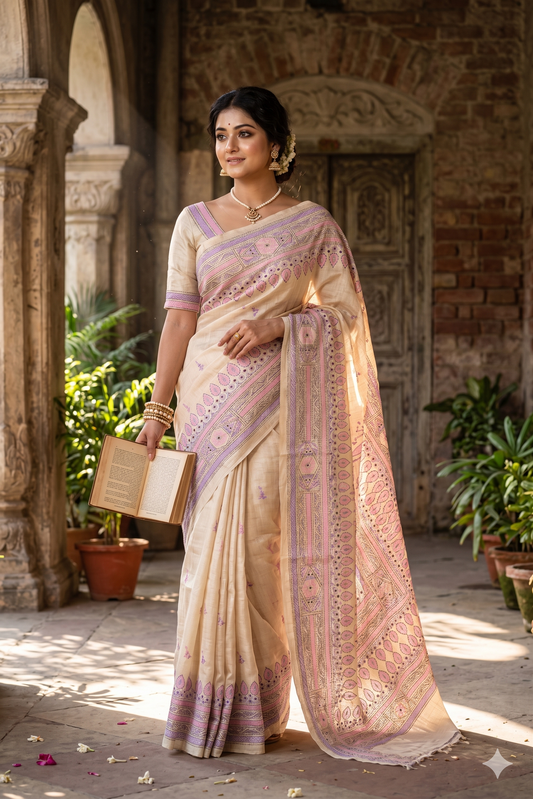 Beige Tussar embroidery saree with Kantha work border and unstitched blouse, traditional wear by Saarang Sarees.