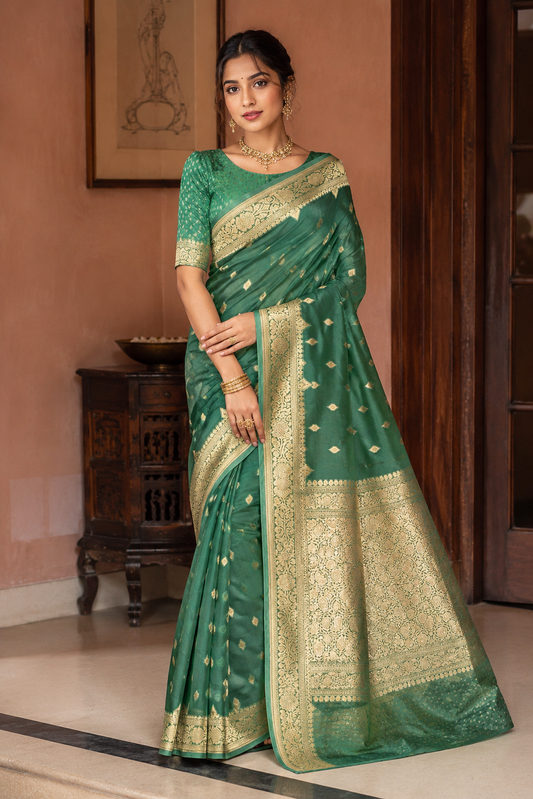 Green Kora Banarasi Silk Saree With Hand Weving Work, With Unstiched Blouse