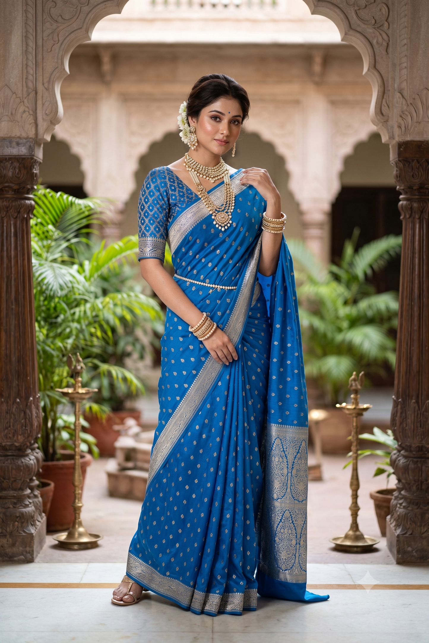 Royal Blue Crepe Khaddi Banarasi Silk Saree With Unstiched Blouse
