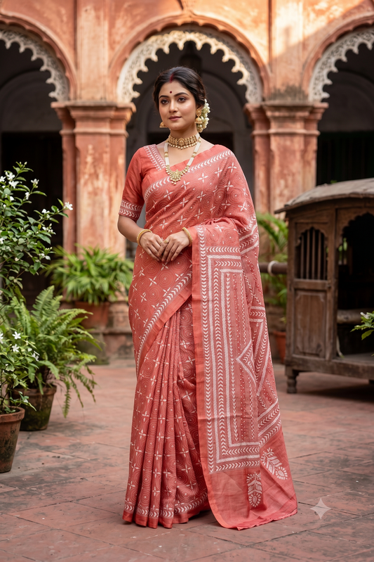 Light Peach Tussar Embroidery Saree With Kantha Work Border, With Unstitched Blouse