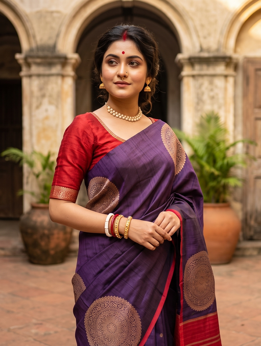 Violet Pure Raw Tussar Banarasi Silk Saree, Hand Woven Motifs With Unstiched Blouse
