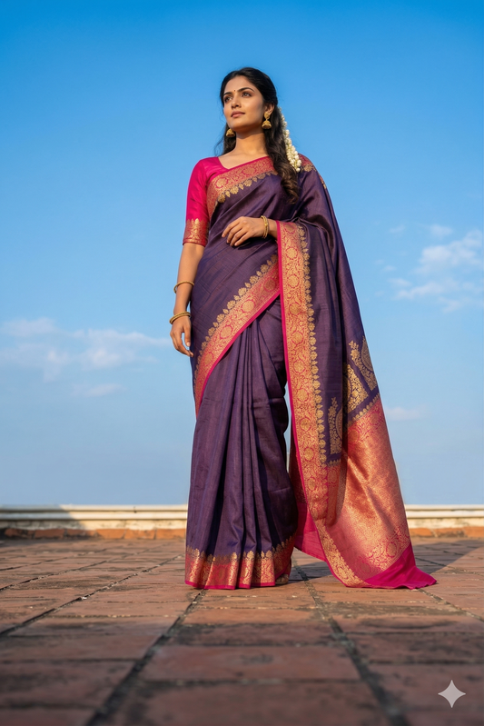 Dark violet Tussar Banarasi silk saree with hand-woven motifs, featuring an unstitched blouse for traditional wear.