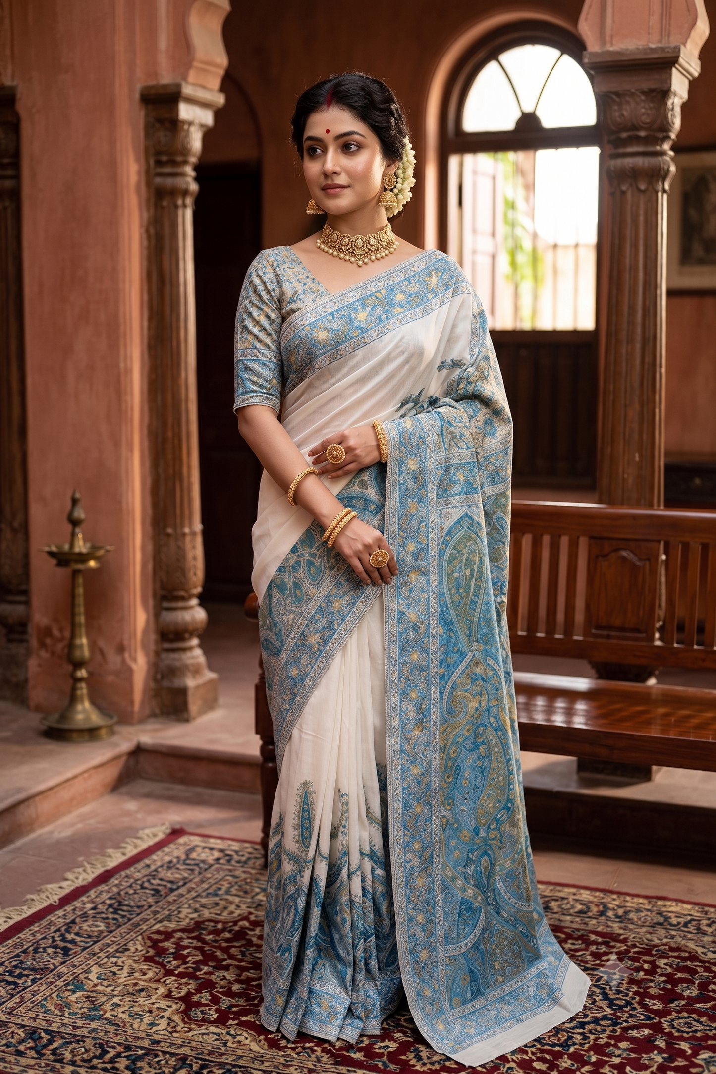 Off-White Pure Kani Handloom Silk Saree With Floral Woven Blouse