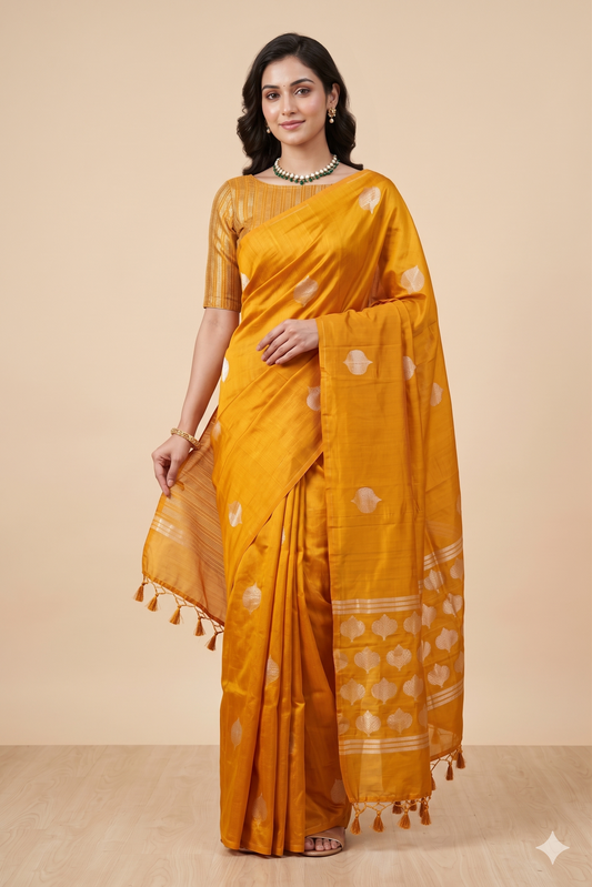 Mustard Yellow Soft Katan Silk Saree, With Unstich Blouse