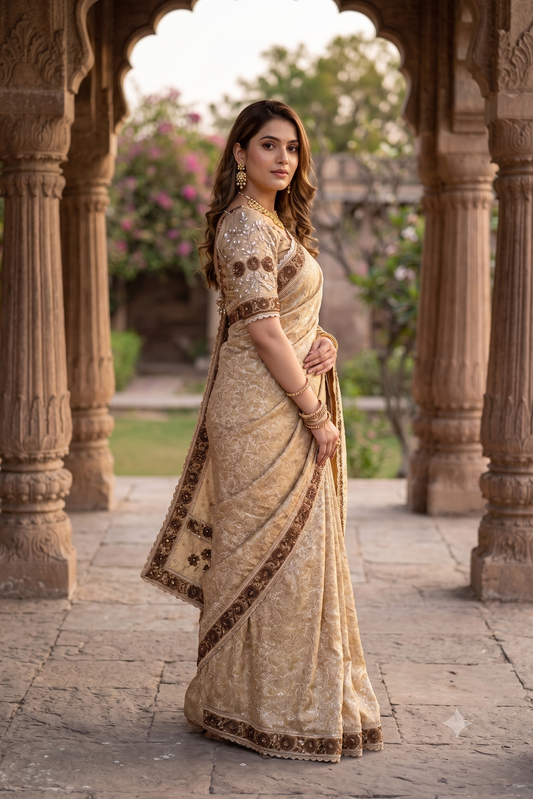 Beige Tissue Kanjeevaram Silk Sarees With Embroidery Work, With Unstiched Blouse