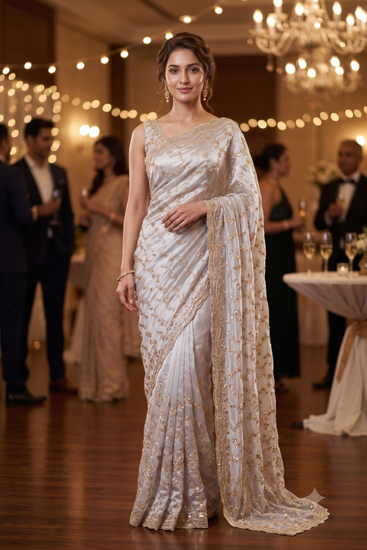 Light Grey Soft Tissue Organza Silk Embroidery Saree, With Unstiched Blouse