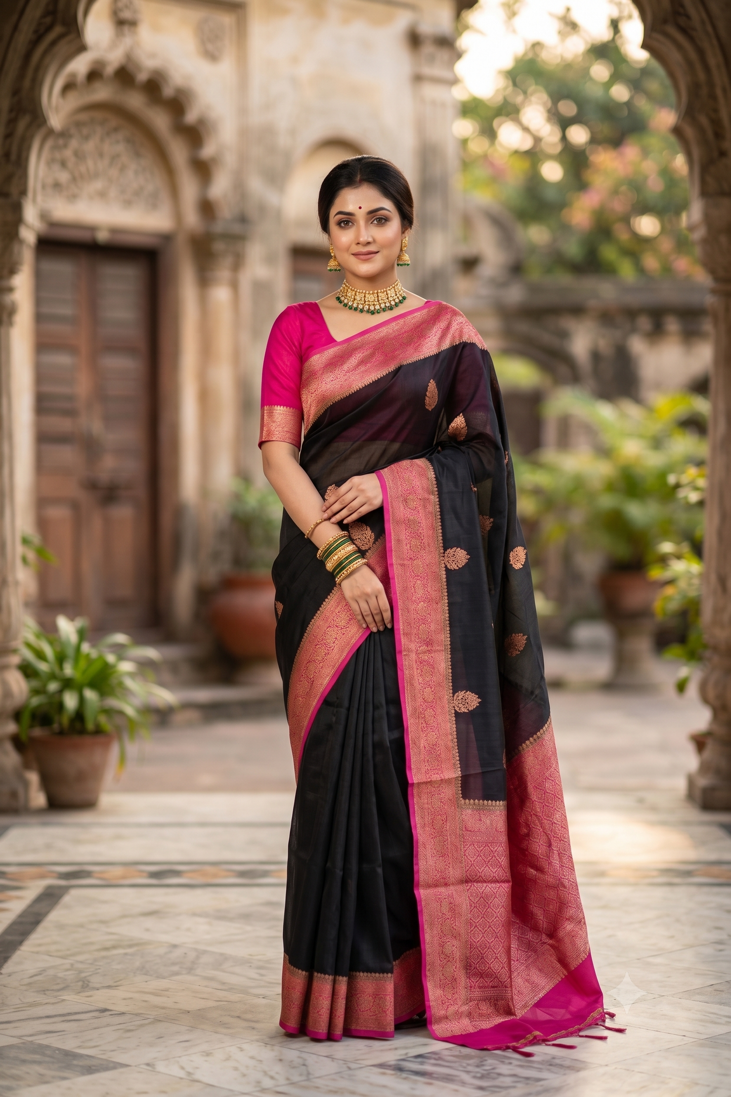 Black Kora Banarasi Silk Saree, With Unstiched Blouse