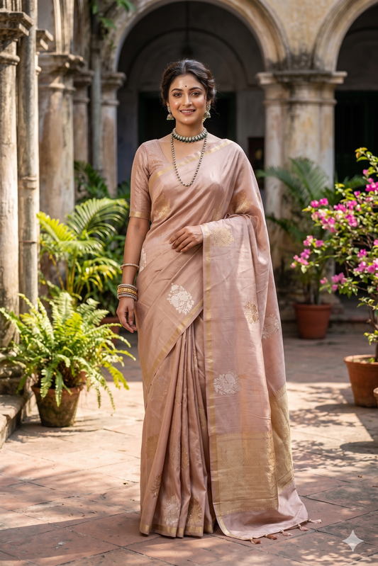 Peach Beige Mashru Silk Banarasi Handloom Saree, With Unstiched Blouse