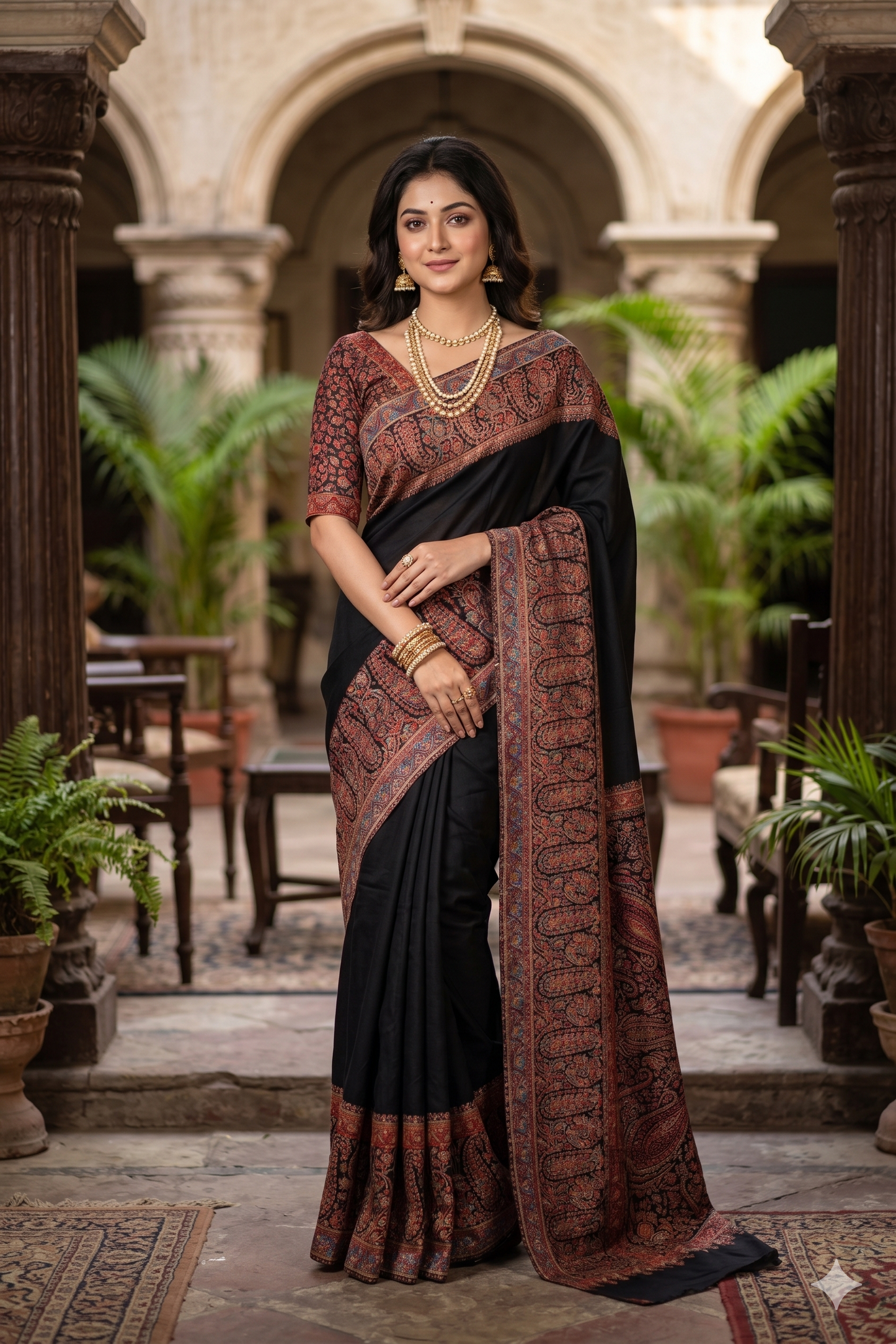 Black Pure Kani Handloom Silk Saree With Floral Woven Blouse