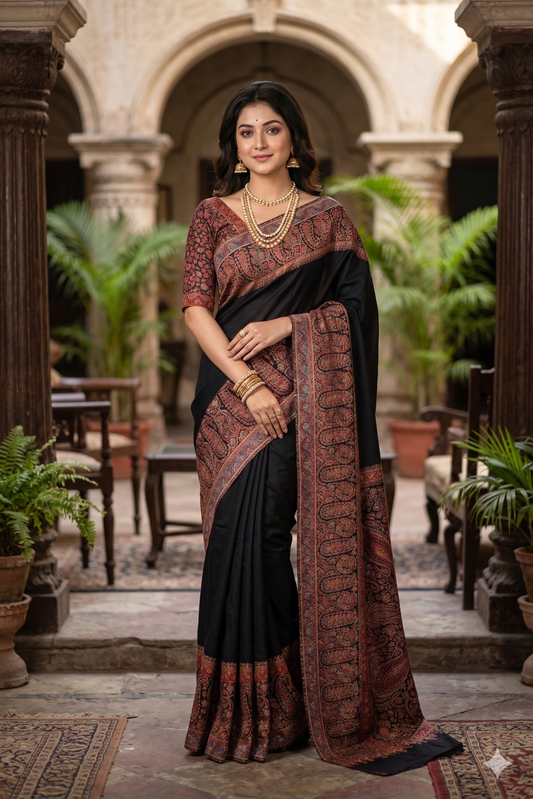 Black Pure Kani Handloom Silk Saree With Floral Woven Blouse